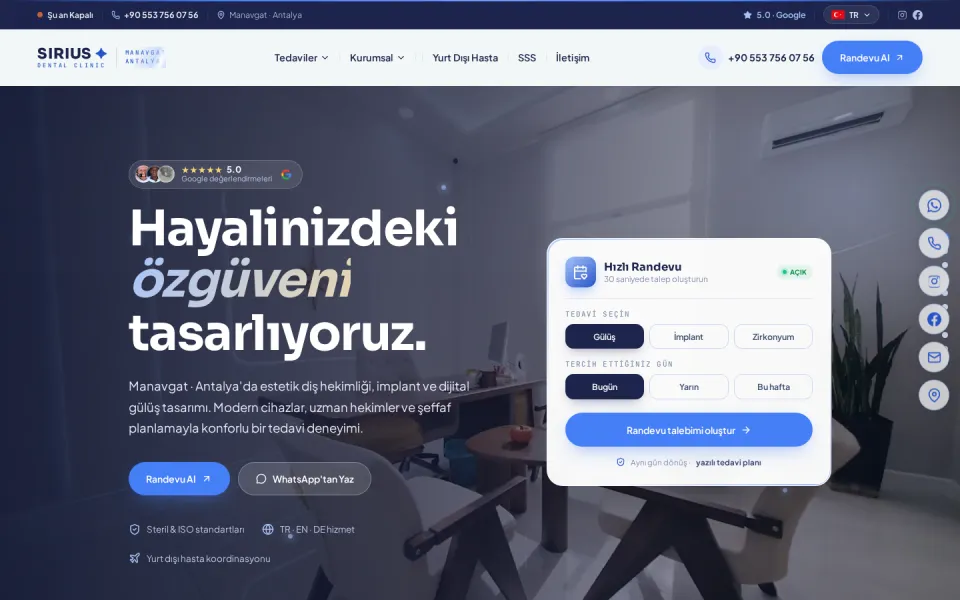 Sirius Dental Clinic web sitesi — Manavgat diş kliniği